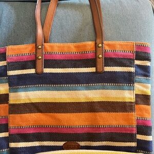 Fossil Tapestry Leather Striped Multicolor Tote Bag